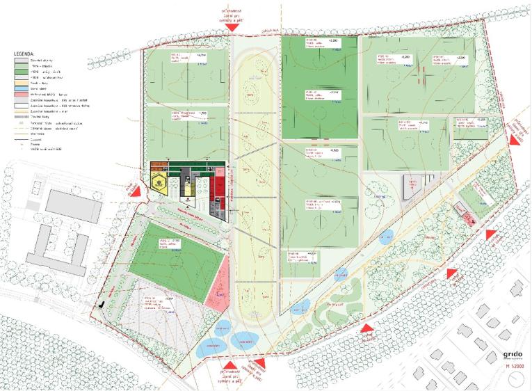 Objemová studie mládežnického centra Šeberov, únor 2025, autorem Grido, architektura a design, s.r.o. Zdroj: Prezentace Mládežnické centrum Šeberov SK Slavia Praha.
