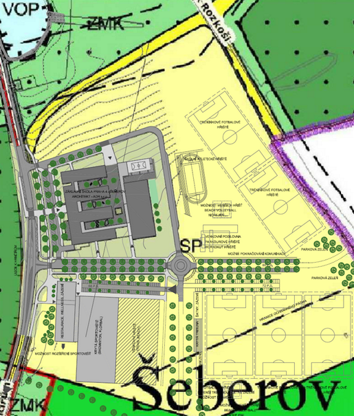 Urbanisticko-architektonická studie – víceúčelový sportovní areál Šeberov, tým architektů: Petr Rajtora, Michaela Andrejsová, Radim Kutil, červen 2017