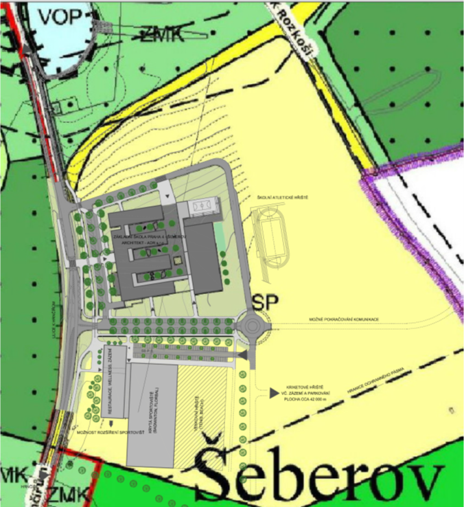 Urbanisticko-architektonická studie – víceúčelový sportovní areál Šeberov, tým architektů: Petr Rajtora, Michaela Andrejsová, Radim Kutil, říjen 2011