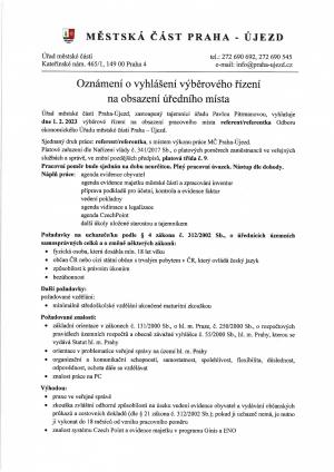 ÚMČ Praha - Újezd vyhlašuje výběrové řízení na místo referent/referentka odboru ekonomického. 1